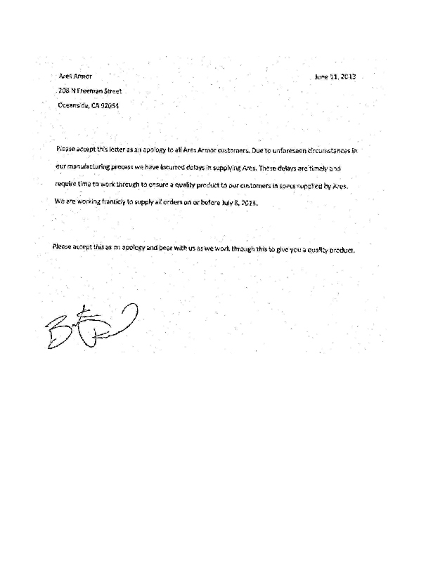 Manufacturer Public Apology to Ares Armor Customers.